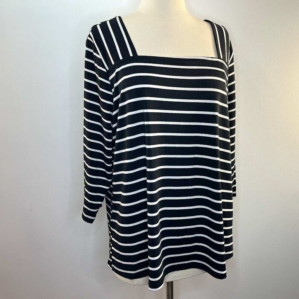 MANDY EVANS Women's Black/White Striped Stretch Top - NWT